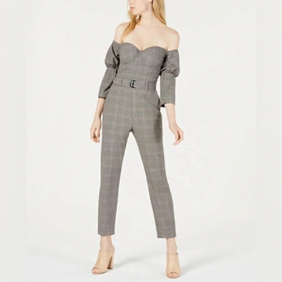 Guess Alexa Grey Pinstripe Plaid Bustier Off The Shoulder Jumpsuit Size 0 XXS XS - Picture 4 of 9